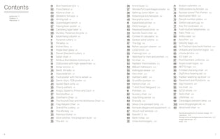 The table of contents page from a book, with the title Contents at the top left. The page features a numbered list from 1 to 101, organized into three columns. Each entry consists of a title, such as Blue fluted service, LEGO brick, or The Egg, followed by a page number. An index and other sections are listed at the bottom right.