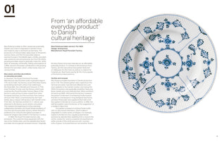 A page from a book about Danish design, featuring an article titled From an affordable everyday product to Danish cultural heritage. On the right is a large photograph of a white porcelain plate with a fluted rim, decorated with a delicate, symmetrical blue floral pattern by the Royal Porcelain Factory.
