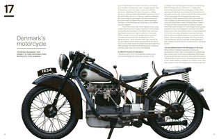 A page from a publication featuring a large, side-profile image of a vintage 1934 Nimbus Bumblebee motorcycle. The black and silver motorcycle is on a white background, accompanied by text columns describing its history under the title Denmark's motorcycle.