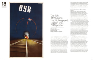 A two-page spread from a book, featuring a vintage 1937 poster for the Danish railway, DSB, by designer Aage Rasmussen. The art deco style poster on the left depicts a red, streamlined train speeding towards the viewer on tracks at night. A large speedometer is superimposed over the dark sky, with the needle pointing to 120. The right page contains text analyzing the poster under the heading Danish streamline – the high-speed train in the DSB poster.