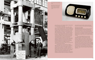 A two-page book spread contrasting industrial machinery with a consumer product. On the left is a large, black-and-white historical photograph of a massive hydraulic press in a factory with a worker standing beside it. The right page features an image of a sleek, black and cream vintage Bang & Olufsen Beolit 39 radio, along with explanatory text.