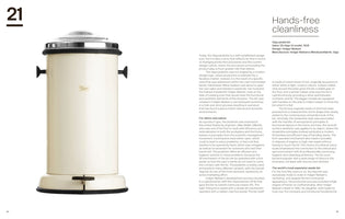A two-page spread from a book featuring a cream-colored, cylindrical Vipp pedal bin from 1939. The bin has a domed chrome lid, black handles, and a foot pedal. Accompanying text on the right page is titled Hands-free cleanliness and details the history and design of the bin by Holger Nielsen.