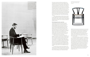 A page from a book about Danish furniture design, featuring a large black-and-white photograph of John F. Kennedy sitting in a modern wooden chair on the left. On the right, there is text about designer Hans J. Wegner, alongside a studio photo of his black Wishbone Chair with a woven seat.
