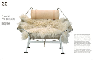 A page from a design book featuring Hans J. Wegner's Flag Halyard Chair from 1950 against a white background. The modernist lounge chair has a tubular steel frame, a woven seat and back, and is made comfortable with a large, shaggy off-white sheepskin throw and a tan leather headrest. The page includes text and the heading Casual modernism.