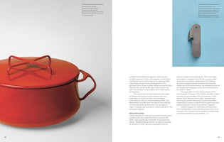 A two-page spread from a design book or magazine. The left page features a large close-up of a vibrant red Kobenstyle enamel pot with its distinctive crisscross-handled lid. The right page shows a smaller photo of a vintage stainless steel can opener on a light blue background, surrounded by columns of text.