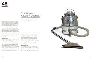 A page from a book or magazine featuring an article titled The king of vacuum cleaners. On the right is a vintage, silver, canister-style Nilfisk G70 vacuum cleaner from 1958, shown with its braided hose and metal floor nozzle against a white background. Text describing the history of vacuum cleaners is on the left.