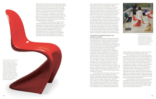 A two-page spread from a design book featuring Verner Panton's iconic S-shaped chair. A large photograph of the glossy red chair dominates the left side against a plain white background. The spread is filled with columns of text describing the chair's design and history. A small black-and-white inset image on the right shows several of the chairs in various colors arranged outdoors.