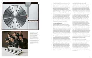 A two-page spread from a book about Bang & Olufsen design. On the left page, a large overhead photo displays a sleek, silver Beogram 4000 turntable. Below is a black-and-white photo of a group of Japanese men in suits closely examining a long, low-profile Beomaster 1900 receiver. The text on both pages discusses the history and design philosophy of the Danish electronics brand.