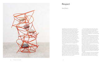 A two-page book spread. The left page shows a photograph of a tall sculpture made from bright orange wire-frame chairs stacked precariously, with a large, smooth stone resting in each seat. The right page features an essay titled Respect by David Raskin.