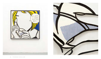 A two-page spread from an art book featuring a pop art painting by Roy Lichtenstein. On the left, the full, framed painting hangs on a white wall, showing a blonde woman on the phone with a speech bubble that reads OH, JEFF... I LOVE YOU, TOO... BUT... On the right is a close-up detail of the painting, highlighting the thick black outlines and blue Ben-Day dots.
