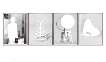 A horizontal row of four framed, black-and-white artworks. Each piece shows a stark white silhouette of an object against a photographic background. From left, the silhouettes are a standing person, a bottle drying rack, a bicycle wheel mounted on a stool, and a urinal signed R. Mutt 1917.