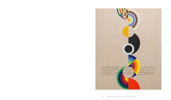 A page from a book showing a vertical, abstract illustration on a tan background. The artwork is a column of stacked semi-circles and circles with various colorful patterns, including rainbow-colored concentric arcs, solid black and yellow shapes, and geometric designs. A partial block of text is visible to the left of the illustration.