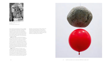 A two-page spread from an art book. The left page has a black-and-white photo of Tatlin's Monument above a column of text. The right page features a large color photograph of a heavy gray stone suspended precariously just above a bright red balloon against a plain background.