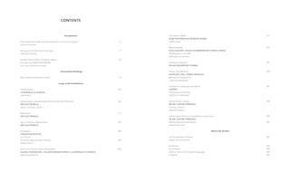 A clean, minimalist table of contents for a book, spread across two pages. The heading CONTENTS is centered at the top. The entries are organized in two columns, listing sections such as Introduction, Intermedial Paintings, and Large-scale Installations, with titles and corresponding page numbers aligned to the right.