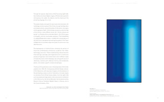 A two-page spread from a book about the Infinite Screen project by artists Arotin & Serghei. The left page contains several paragraphs of text. The right page displays a vertical, abstract digital artwork titled Life Cells, 2017. The piece features a luminous, soft-edged column of bright blue and white light glowing against a deep blue background. A caption is printed below the art.