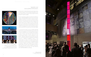 A two-page magazine spread about the art of AROTIN & SERGHEI. The left page contains text titled Symbolic and socio-political dimensions, alongside three smaller photos of their art installations. The right page features a large photo of a gallery exhibition, where a crowd looks at a tall, vertical column made of glowing pink and red light boxes.