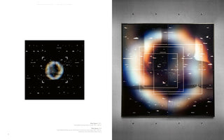 An open art book spread displays two abstract pieces. On the left, a small image on a white page shows a glowing, blurry circle surrounded by white digital glitches on a black field. On the right, a large four-panel painting hangs on a concrete wall, featuring a similar theme with a much larger, diffused light shape in blue and orange, overlaid with nested white squares and scattered static.