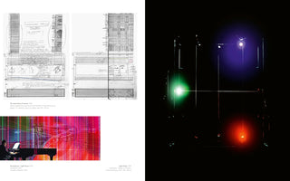 A two-page book spread showing three artworks related to music and light. At the top left are two pages of a hand-drawn musical score with notes and diagrams. Below is a photo of a man playing a piano in front of a vibrant abstract light projection in pink and red. The right page shows a dark photo of a light installation with glowing green, purple, and red lights on a metal frame.