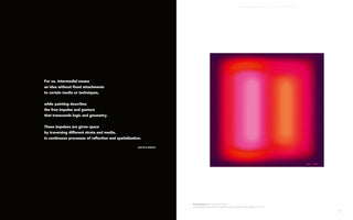 A two-page spread from an art book. The left page is black with a block of white text discussing art. The right page features an abstract painting titled Pink Vibration, showing two glowing, blurred vertical bars in shades of pink and orange-red against a vibrant red and dark purple background.