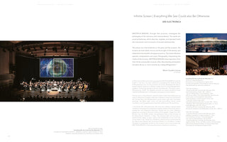 A two-page catalog spread for the Ars Electronica exhibition, Infinite Screen. The left page features a large photo of an orchestra performing in a dark concert hall, with a large screen above them displaying a blue and green abstract digital artwork with geometric lines. The right page contains columns of text describing the exhibition, along with two smaller inset photos of the venue's exterior at night and a crowd in the lobby.