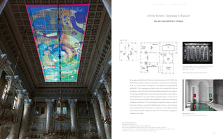 A two-page book spread about the art exhibition Infinite Screen, Gateways to Elysium at Palais Rasumofsky, Vienna. On the left, a large photo looks up from within a grand hall with ornate columns and crystal chandeliers, focusing on a vibrant, colorful abstract art screen installed in the ceiling. The right page features text about the exhibition, a floor plan, a black and white photo of the palace exterior, and a photo of another modern art installation in a white room.