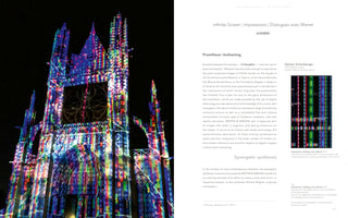 A two-page book spread. The left page shows a Gothic cathedral at night, its facade illuminated by a vibrant, multi-colored light projection resembling digital stained glass. The right page contains text under the title Infinite Screen | Impressions | Dialogues avec Monet and includes a small image of an abstract digital composition.