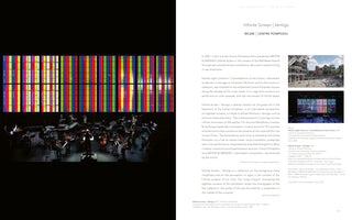 A two-page spread from a publication about the art installation Infinite Screen | Vertigo. The left page has a black background and features a large photo of an orchestra performing on a dimly lit stage in front of a wide screen displaying vibrant, vertical color bars. The right page has a white background with descriptive text and two smaller inset images.
