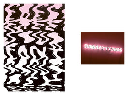 A diptych on a white background. On the left, a vertical abstract image shows a wavy, dripping black pattern over a background that gradients from pink to white. On the right, a smaller, square image shows a neon sign that glows pink and white, spelling out SUNDAAYYYSSSSS against a dark, warm-toned wall.