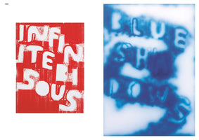 A page layout displaying two contrasting artworks. On the left is a graphic print with large, white, rounded letters on a textured red background. On the right is a blurry, soft-focus image in shades of blue and white, featuring the faint words BLUE SHADOW.