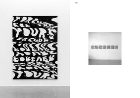 A black and white photo of page 189 from a book, showing two artworks in a gallery setting. On the left, a large black canvas features white text distorted with a wavy, liquid effect. On the right, a smaller image shows seven individual framed artworks of ornate letters, arranged horizontally to spell out HAMBURG.