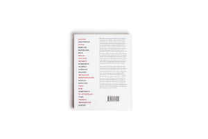 A book with a white cover, laid flat against a white background. The left side features a vertical list of city names in red and black text. The right side has a block of text in German and a barcode at the bottom.