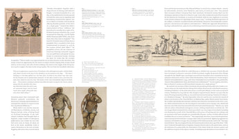 An open book showing pages 24 and 25, which feature text and historical illustrations. The left page has a large 16th-century woodcut of three Inuit people on a shore, along with two watercolor portraits of an Inuit man and woman in parkas. The right page shows an engraving of an Inuit family, a kayaker, a narwhal, and a walrus, labeled Sauvages Groenlendois.