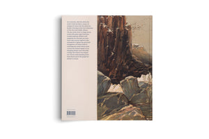 The back cover of a book, photographed vertically against a white background. The left third of the cover is a cream-colored panel with black text, including a summary, an ISBN, and a barcode. The right two-thirds feature a vintage-style painting of a dramatic, craggy cliff face with patches of snow, set against a muted sky filled with a flock of flying birds.