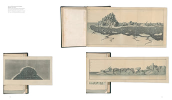 A composite image showing a book spread with three 19th-century fold-out illustrations of arctic landscapes by Baron Ferdinand Wrangel. The large top illustration depicts a jagged iceberg in an icy sea. The bottom left illustration shows a layered, pyramidal ice formation. The bottom right illustration is a long panoramic view of various ice formations along a shoreline. The artwork is created in muted shades of grey and pale blue.