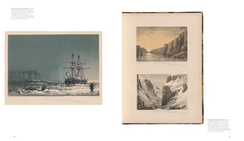 An open book spread displays 19th-century illustrations. On the left, a large sailing ship is trapped in ice on a snowy, starry night. On the right, a single page contains two images: the top shows a sun setting over a calm fjord between cliffs, and the bottom shows a figure in a deep, snow-covered mountain canyon.