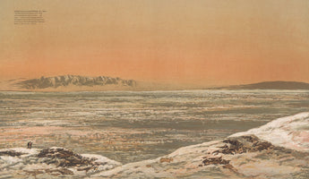 A 19th-century chromolithograph depicting a vast, frozen arctic landscape under a warm, orange-brown sky. From a snowy, rocky hill in the foreground, two small figures look out across an immense expanse of sea ice toward distant, rugged mountains on the horizon.