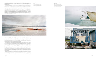 A two-page spread from a book about life in the Arctic. The left page features a large photo of a bloody, icy shore. The right page has two photos: a person in a parka on an ice floe next to a boat, and below it, a polar bear hide and meat drying on the porch of a blue house.