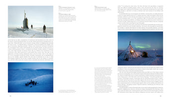 A two-page spread from a publication with text and three photographs about the Arctic. The images show a submarine surfacing through ice with three figures standing nearby, a group of people in a snowy landscape at night, and an illuminated tent under the aurora borealis.