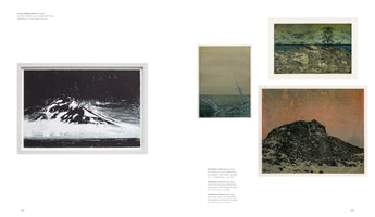 A two-page spread from an art book featuring stark landscape art. On the left page is a large, framed black-and-white print by Emma Stibbon of a snow-covered mountain under a dark sky. On the right page are three smaller, colored prints by Saul Becker, depicting various arctic scenes including mountains and seascapes in muted tones.