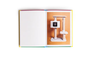 An overhead shot of an open, colorful book on a white background. The left page is blank, and the right page features a photo of a black cat with wide, yellow-green eyes peeking out from a square cubby on a gray cat tree against a plain orange background.