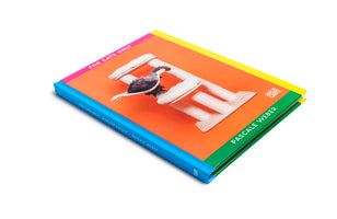 A vibrant, multi-colored hardcover book titled FOR CATS ONLY by Pascale Weber, set against a white background. The cover features an orange background with a photograph of a small cat scratching post and a furry toy, with a black cat peeking out from behind it. The book has a bright blue spine and colorful borders.