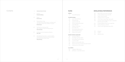 A minimalist two-page spread of a book's table of contents. The left page, titled Contents, lists a quote, foreword, preface, and several essays. The right page lists sections for PLATES, INSTALLATIONS & PERFORMANCES, Biography, Timeline, and Names and Terms, with corresponding page numbers. The layout is clean with ample white space.
