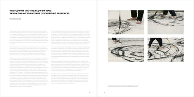 A two-page spread from a publication about the artist Yahon Chang. The left page features an article titled The Flow of Ink—The Flow of Time. The right page displays four photos of an artist, seen from the waist down and barefoot, creating large, abstract black ink strokes on a white surface on the floor with a long-handled brush.