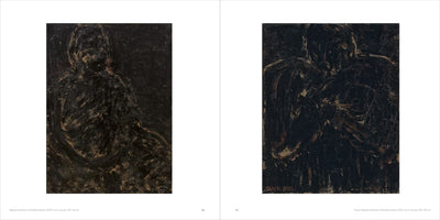 An open art book displays two dark, abstract oil paintings on adjacent pages. Both pieces feature heavily textured, shadowy figures rendered in thick black and brown paint. The painting on the left is titled Repose, and the one on the right, which is signed, is titled Prayer Repose.