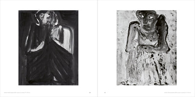 A two-page spread from a book, displaying two black and white expressionist paintings of gaunt human figures. The painting on the left is dark and heavily textured, showing a figure with a beard looking upwards. The painting on the right features a thin, hunched figure with large eyes on a light, speckled background.