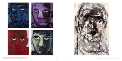 An open art book displays two pages of expressionist portraits. On the left page, a grid of four paintings shows close-up faces in bold, somber colors: one blue, one purple, one red, and one dark green. On the right page, a single large, abstract portrait is rendered in energetic, gestural strokes of black, grey, and brown ink wash.