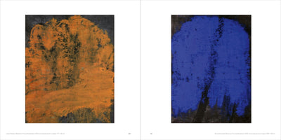 A two-page spread from an art book displays two abstract paintings. On the left, an artwork titled Loess Plateau features a textured, earthy orange shape on a dark background. On the right, an artwork titled Blue Silhouette shows a solid, vibrant blue form, also on a dark background.