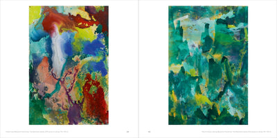 An open art book displays a two-page spread with two vertical abstract paintings. The painting on the left, titled Dream Land, features a fluid, marbled composition with vibrant swirls of red, blue, yellow, and green. The painting on the right, Mount Huang in Spring, is a textured, layered piece primarily in shades of green, teal, and yellow.