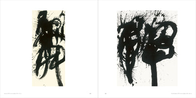 An open art book displays two abstract paintings on facing pages. On the left, a tall piece titled Dance features dynamic, vertical black ink brushstrokes on light paper. On the right, a wider piece titled The Almighty shows a complex, explosive mass of black ink strokes and splatters.