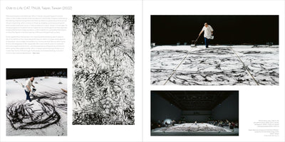 A two-page spread from a publication about the art performance Ode to Life in Taipei, Taiwan. The layout features text and several photos documenting an artist creating a large-scale abstract painting with black ink on a white canvas on the floor. The artist uses a long-handled brush and a bucket. Other images show a wide view of the performance with an audience and the finished multi-panel artwork displayed vertically.